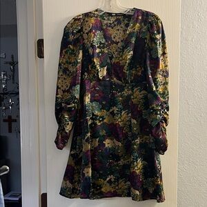 Zara Floral V-Neck Long Sleeve Dress in Green, Yellow, Purple